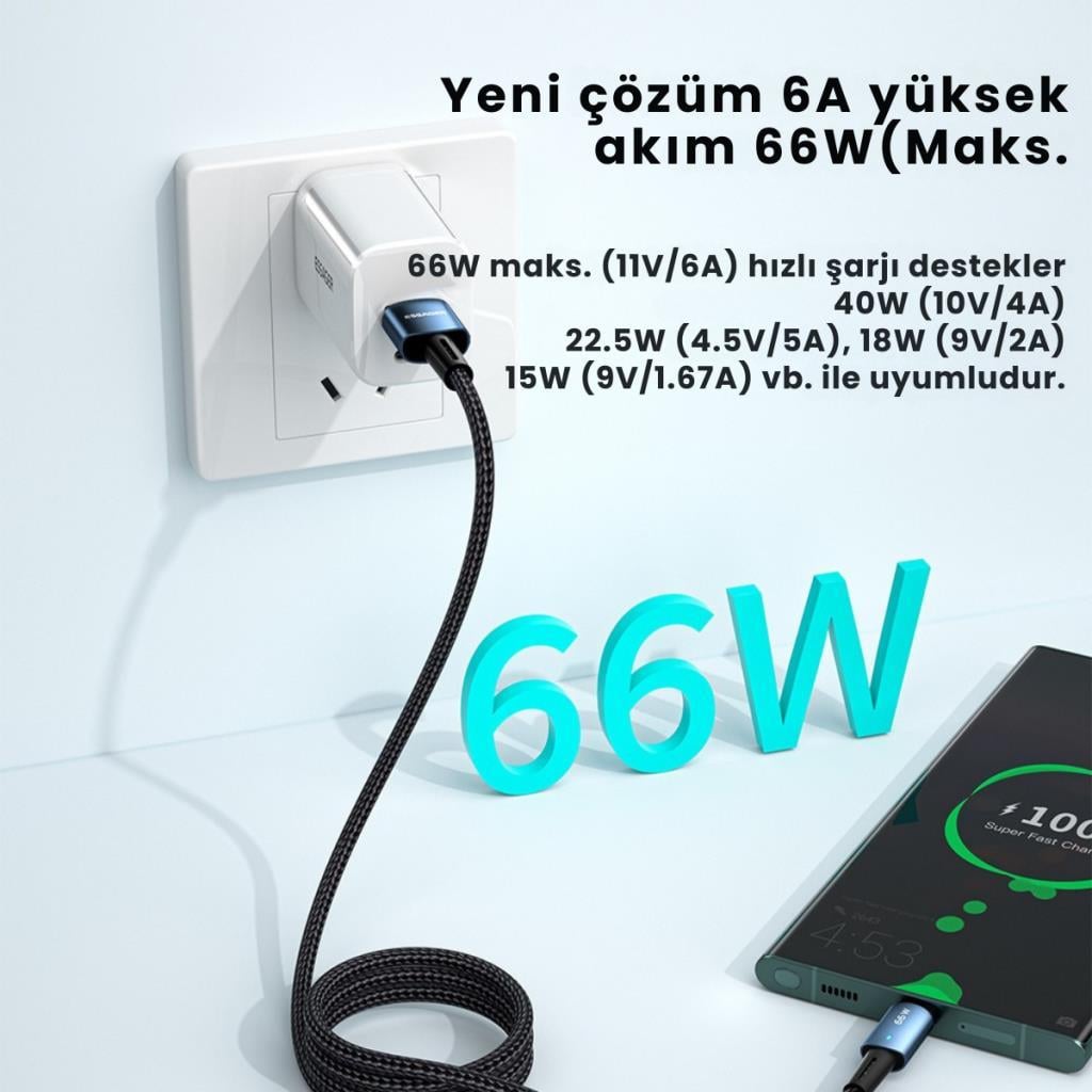Essager 1 Metre 66W 6A USB to Type-C Süper Hızlı Data Şarj Kablosu, Ultra Dayanıklı Şarj ve Data Kablosu