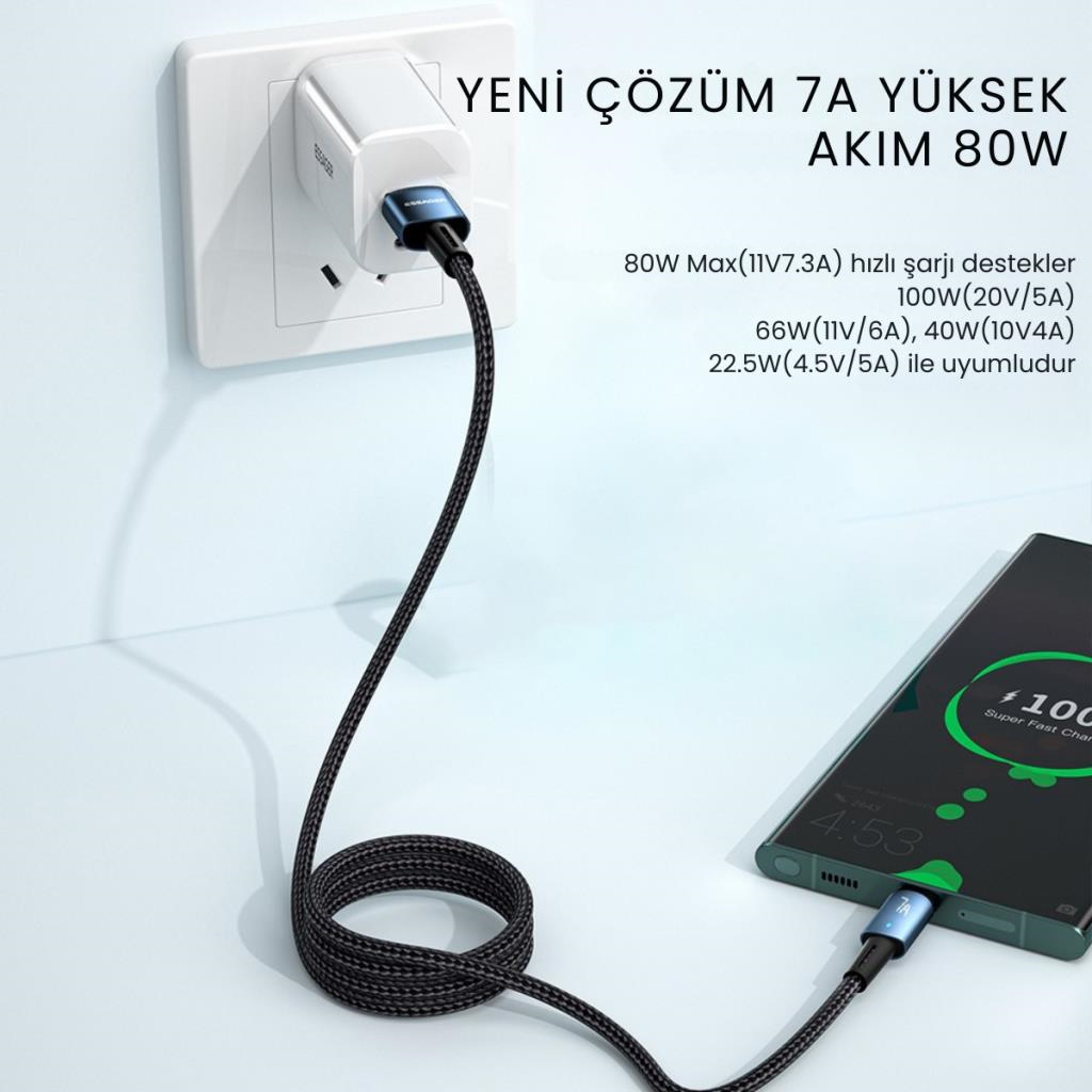 Essager 1 Metre 80W 7A USB to Type-C Süper Hızlı Data Şarj Kablosu, Ultra Dayanıklı Şarj ve Data Kablosu