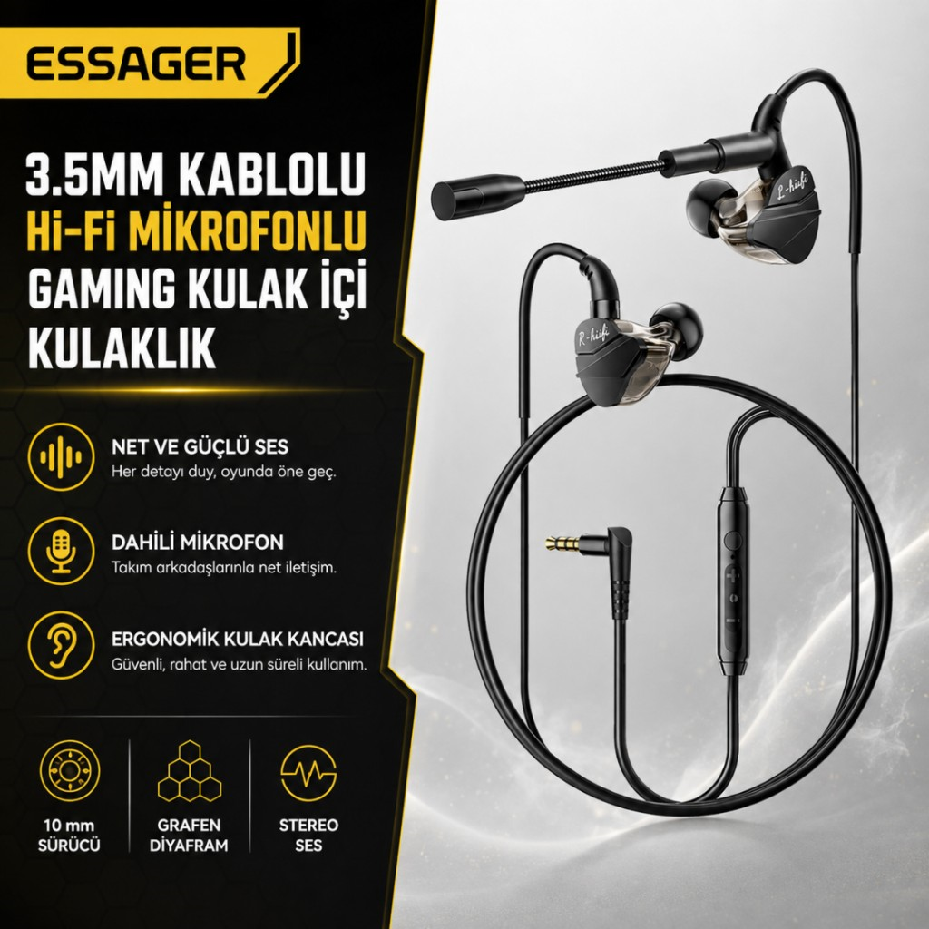 ESSAGER 1.2 Metre 3.5mm Kablolu Hi-Fi Mikrofonlu Gaming Kulak İçi Kulaklık 10mm Grafen Sürücü, Gecikmesiz Kulaklık