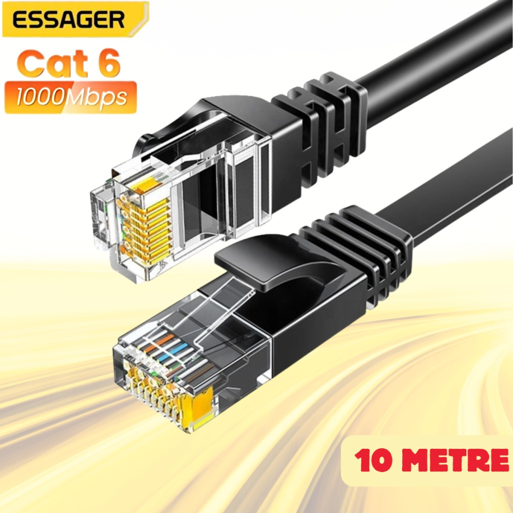 Essager 10 Metre CAT6 1000Mbps Süper Hızlı Gecikmesiz Ethernet Kablosu, 1Gbps Altın Kablama Uçlu İnternet Kablosu