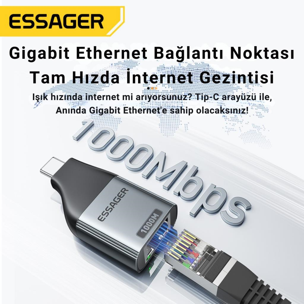 Essager 1000Mbps Type-C to RJ45 Dönüştürücü, Gecikmesiz Süper Hızlı Type C To Ethernet Çevirici