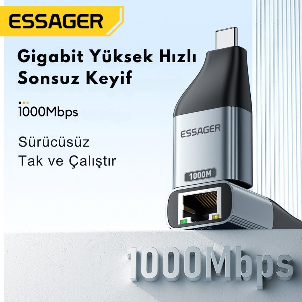 Essager 1000Mbps Type-C to RJ45 Dönüştürücü, Gecikmesiz Süper Hızlı Type C To Ethernet Çevirici