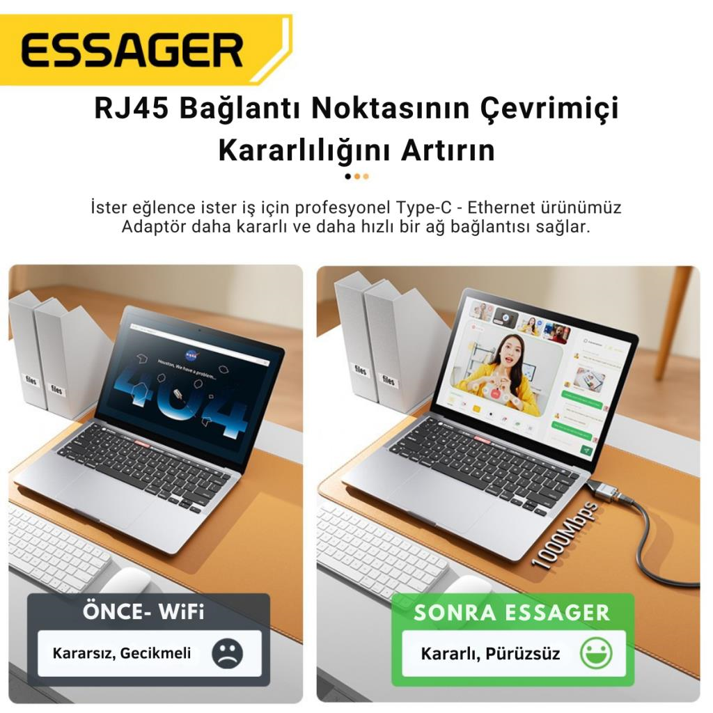 Essager 1000Mbps Type-C to RJ45 Dönüştürücü, Gecikmesiz Süper Hızlı Type C To Ethernet Çevirici