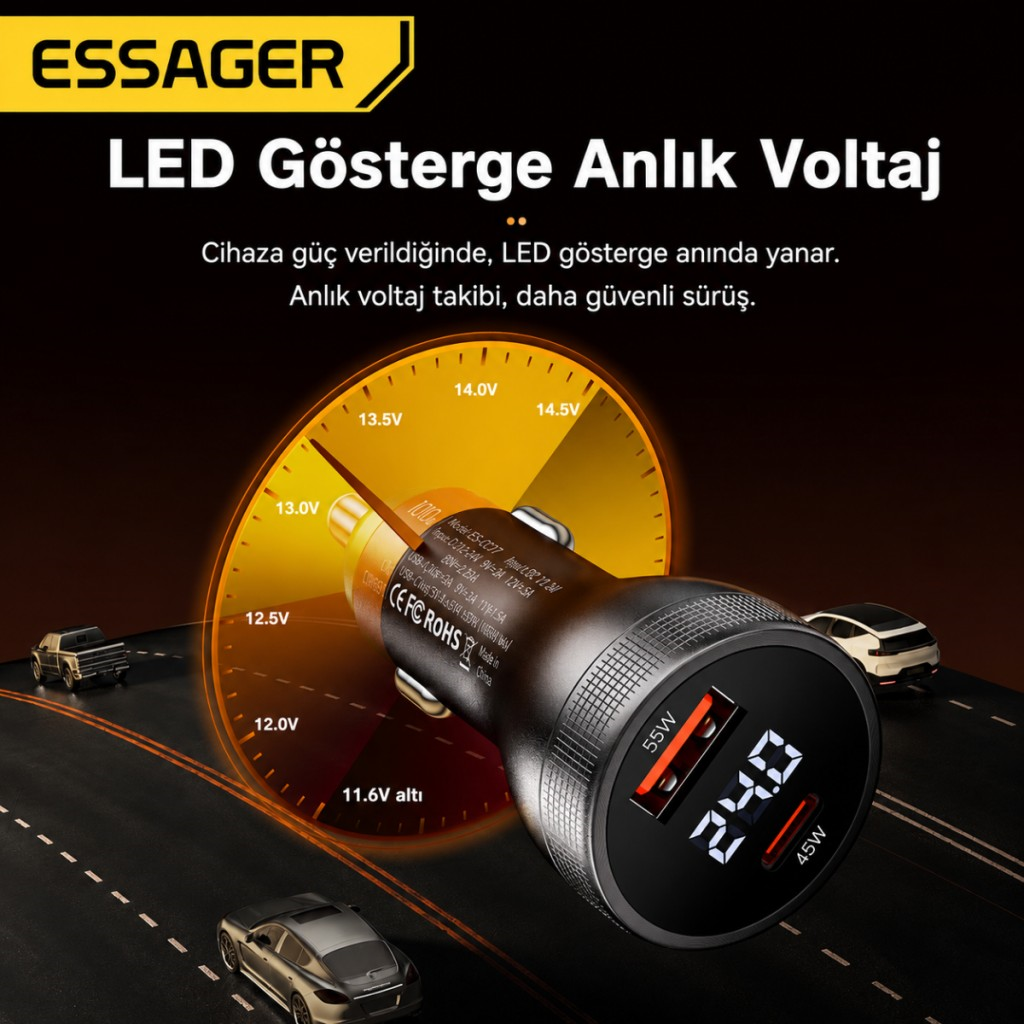 ESSAGER 100W Araç Şarj Cihazı PD Type C 45W + USB 55W Çift Port Hızlı Şarj Dijital Göstergeli Araç Şarj Adaptörü