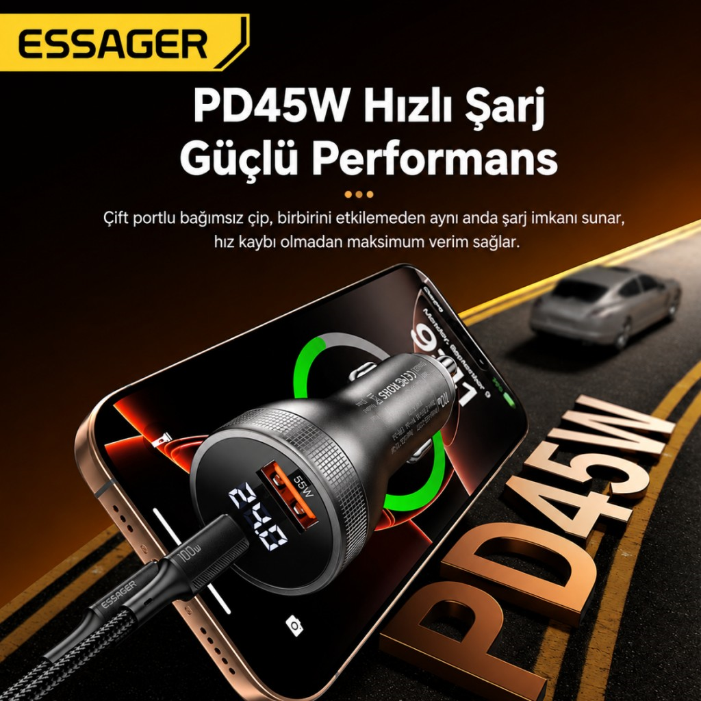 ESSAGER 100W Araç Şarj Cihazı PD Type C 45W + USB 55W Çift Port Hızlı Şarj Dijital Göstergeli Araç Şarj Adaptörü