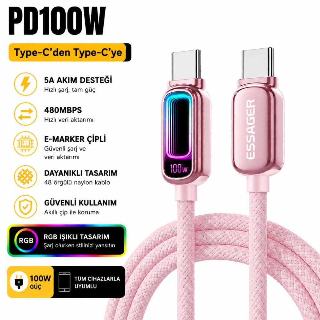 Essager 100W PD Type-C to Type-C RGB Işıklı Hızlı Şarj Kablosu | 5A E-Marker Çipli 480Mbps Örgülü USB-C Kablo