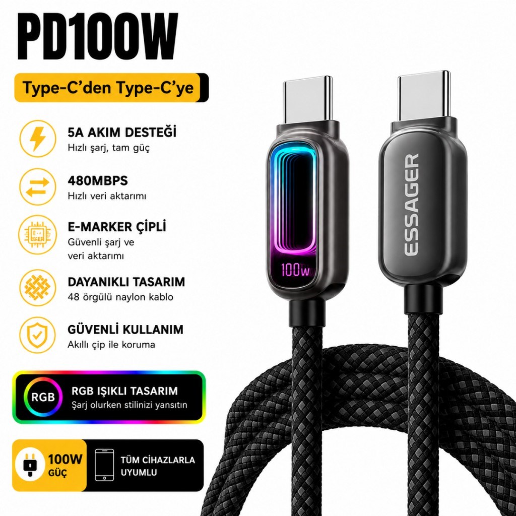 Essager 100W PD Type-C to Type-C RGB Işıklı Hızlı Şarj Kablosu | 5A E-Marker Çipli 480Mbps Örgülü USB-C Kablo