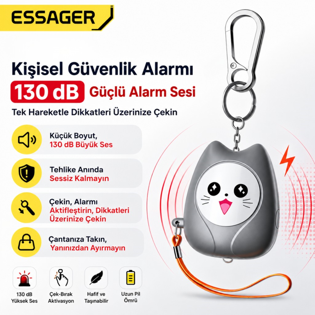 ESSAGER 130 dB Kişisel Güvenlik Alarmı – LED Fenerli, Çekmeli Acil Durum Alarmı, 450mAh Şarjlı Taşınabilir Anahtarlık