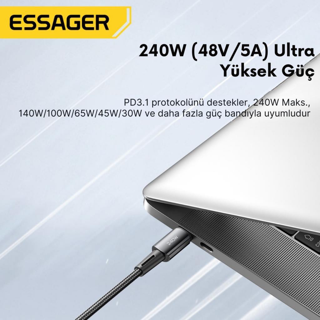 Essager 2 Metre 240W 5A PD3.1 Type-C to Type-C Mega Hızlı Data Şarj Kablosu, Ultra Sağlam Halat Kablo Kopmaz