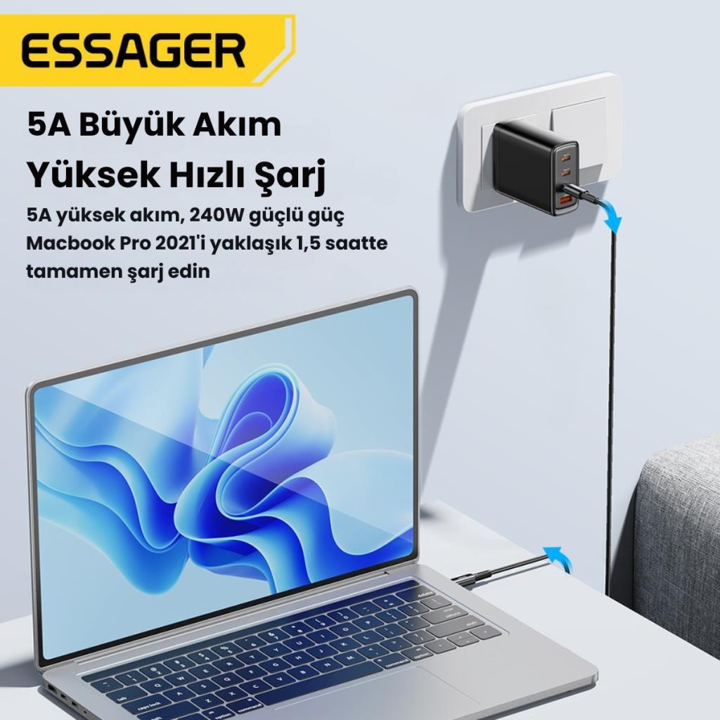 Essager 2 Metre 240W 5A PD3.1 Type-C to Type-C Mega Hızlı Data Şarj Kablosu, Ultra Sağlam Halat Kablo Kopmaz