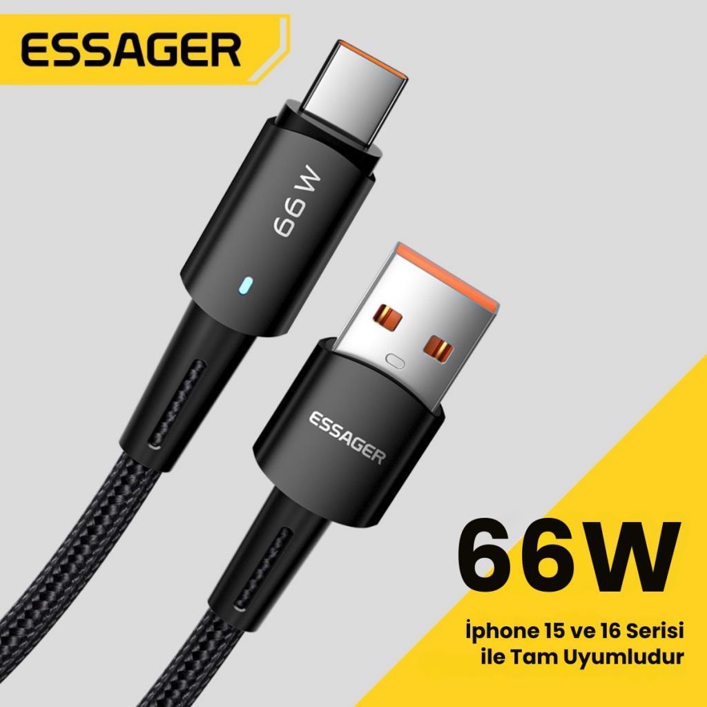 Essager 2 Metre 66W 6A USB to Type-C Süper Hızlı Data Şarj Kablosu, Ultra Dayanıklı Şarj ve Data Kablosu