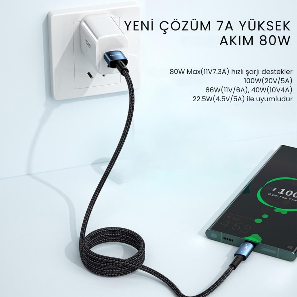 Essager 2 Metre 80W 7A USB to Type-C Süper Hızlı Data Şarj Kablosu, Ultra Dayanıklı Şarj ve Data Kablosu