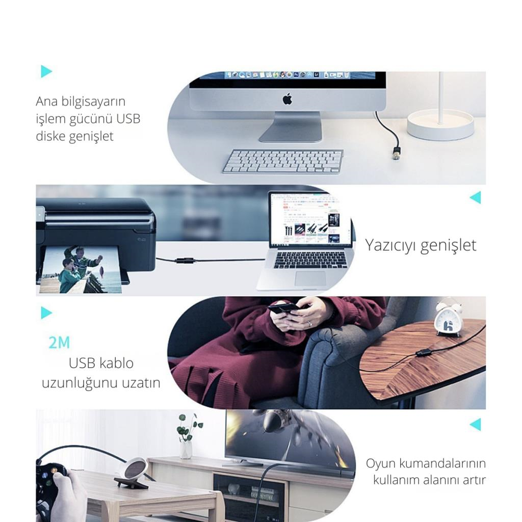 Essager 2 Metre  Dişi-Erkek USB Uzatma Kablosu, Yazıcı, Harddisk, Veri Aktarım, Şarj Uzatma Kablosu