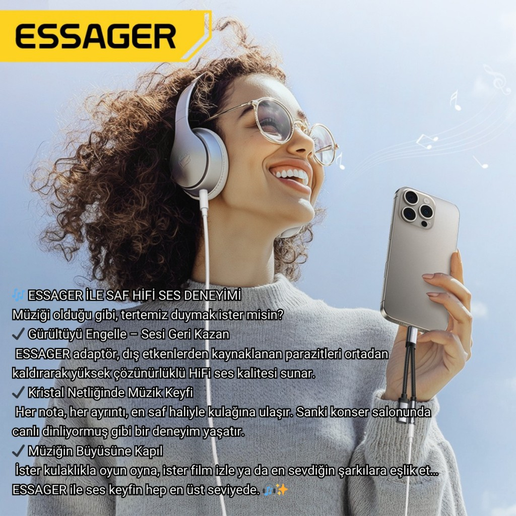 ESSAGER 2in1 Type-C Adaptör | 60W Hızlı Şarj + Type C Kulaklık Çıkışı, Hifi Ses ve Hızlı Şarj Adaptörü