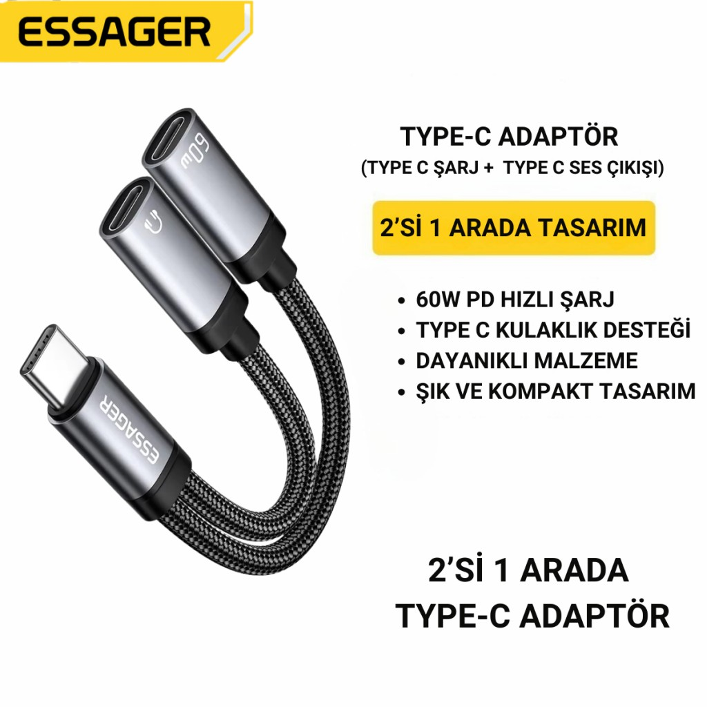 ESSAGER 2in1 Type-C Adaptör | 60W Hızlı Şarj + Type C Kulaklık Çıkışı, Hifi Ses ve Hızlı Şarj Adaptörü