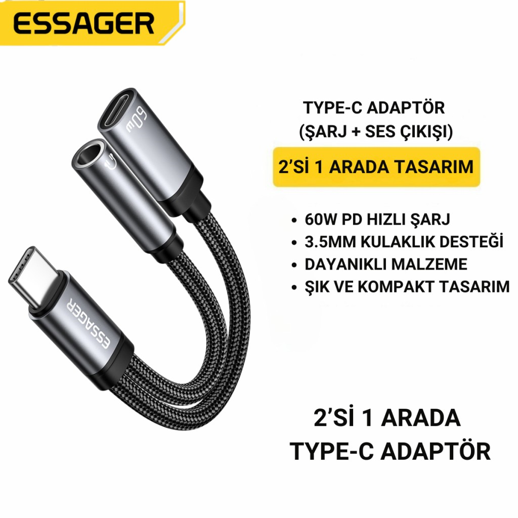 ESSAGER 2in1 Type-C Adaptör | 60W Hızlı Şarj + 3.5mm Kulaklık Çıkışı, Hifi Ses ve Hızlı Şarj Adaptörü