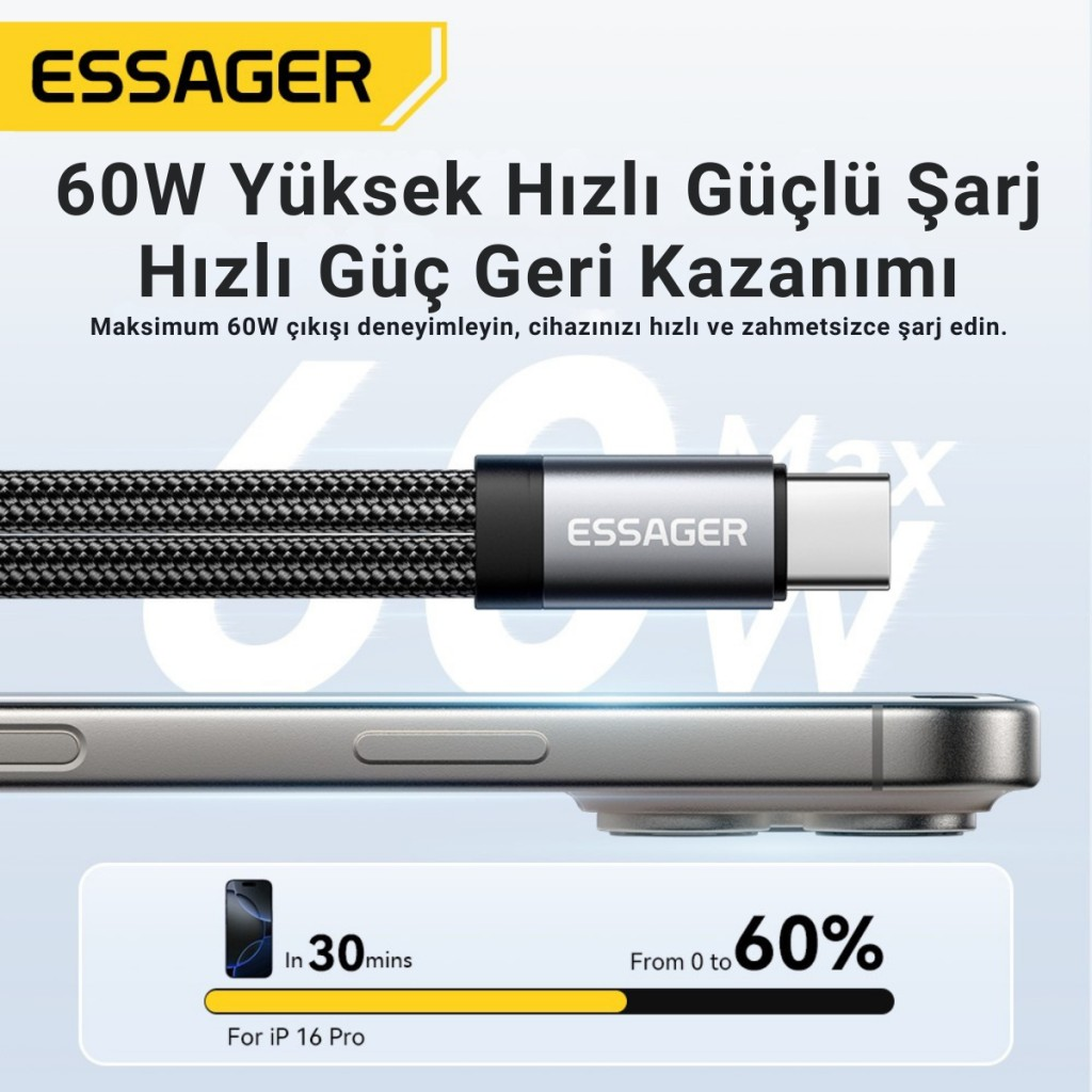 ESSAGER 2in1 Type-C Adaptör | 60W Hızlı Şarj + Type C Kulaklık Çıkışı, Hifi Ses ve Hızlı Şarj Adaptörü