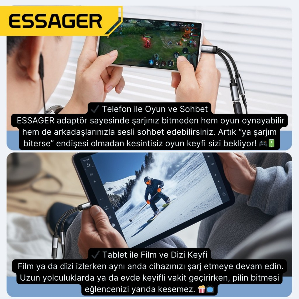 ESSAGER 2in1 Type-C Adaptör | 60W Hızlı Şarj + 3.5mm Kulaklık Çıkışı, Hifi Ses ve Hızlı Şarj Adaptörü