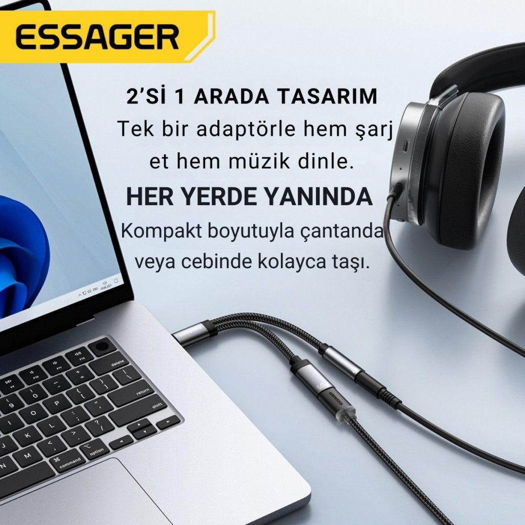 ESSAGER 2in1 Type-C Adaptör | 60W Hızlı Şarj + Type C Kulaklık Çıkışı, Hifi Ses ve Hızlı Şarj Adaptörü