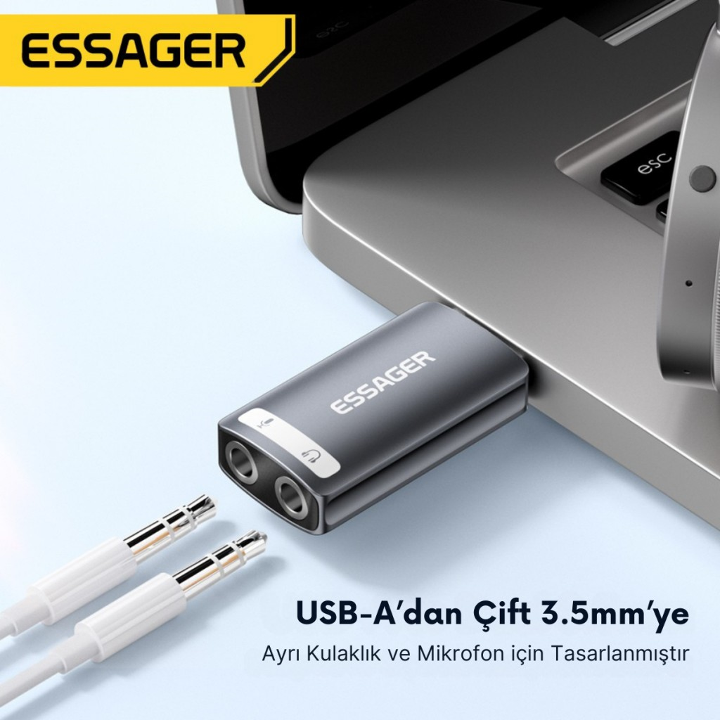Essager 2in1 USB To 2x 3.5MM Aux Çevirici Adaptör, Kulaklık ve Mikforon Çevirici, Harici Ses Kartı