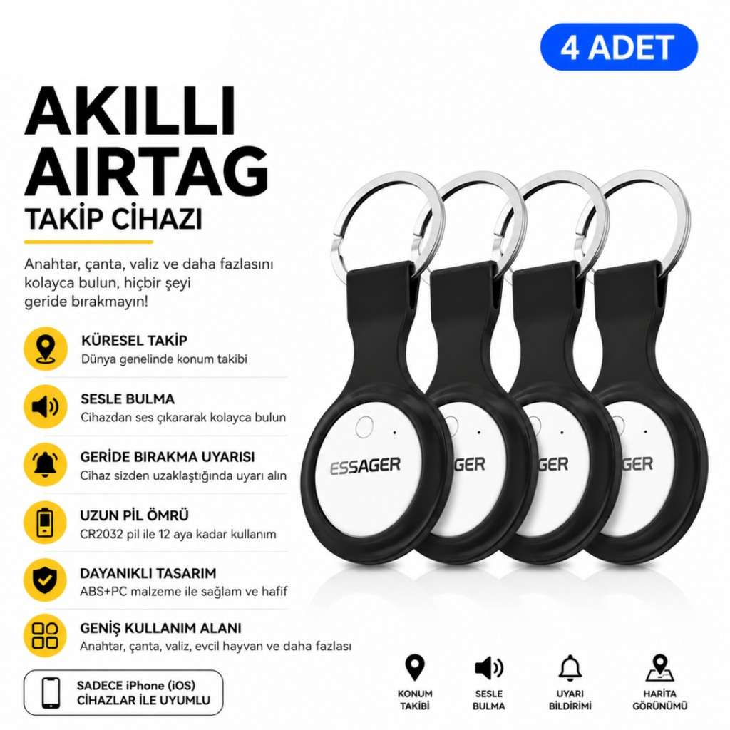 ESSAGER 4 Adet SET Akıllı SmartTag Takip Cihazı iPhone iOS Uyumlu Konum Bulucu Anahtar Çanta Valiz Takip Cihazı