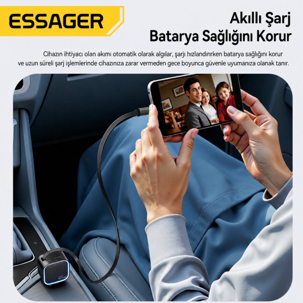ESSAGER 45W Hızlı Şarj Araç Şarj Cihazı Type C 75cm Çekilebilir Kablo USB-C USB-A 3lü Çıkış 12V/24V