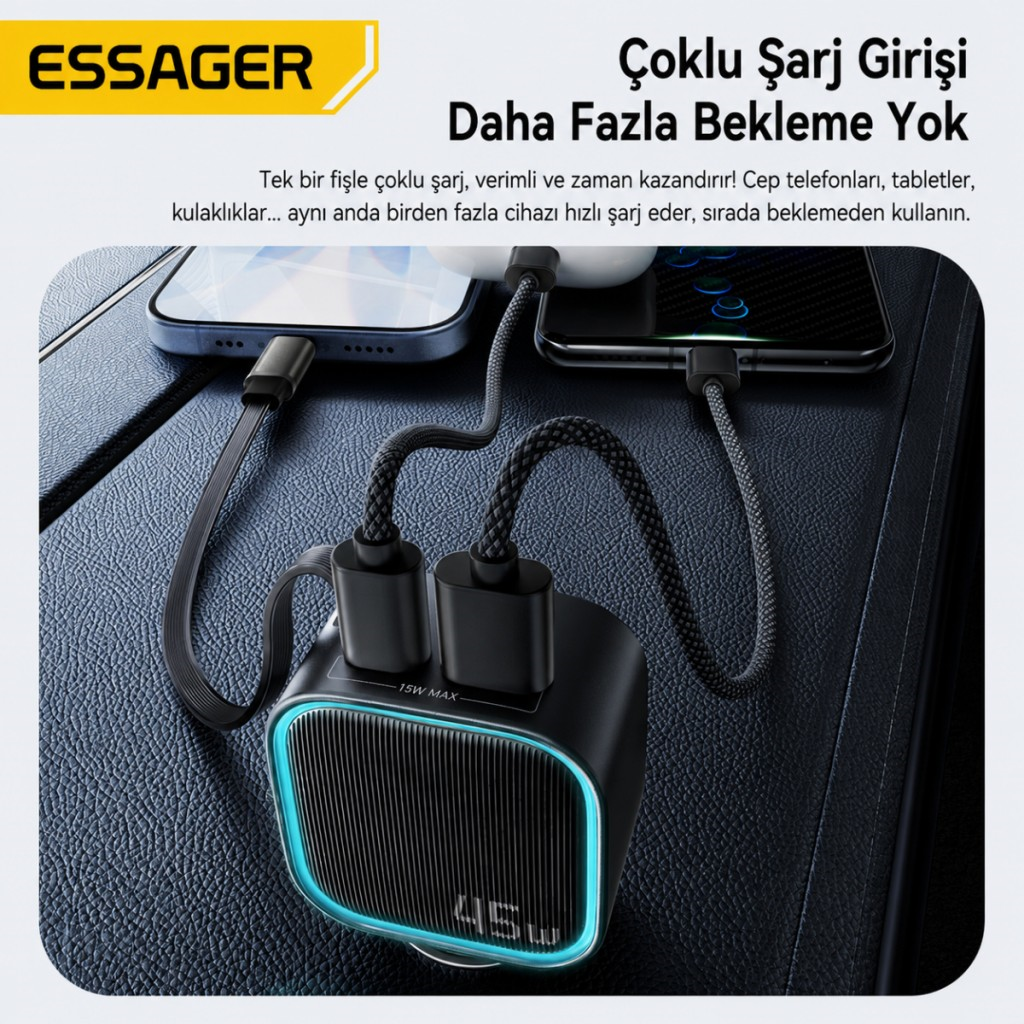 ESSAGER 45W Hızlı Şarj Araç Şarj Cihazı Type C 75cm Çekilebilir Kablo USB-C USB-A 3lü Çıkış 12V/24V