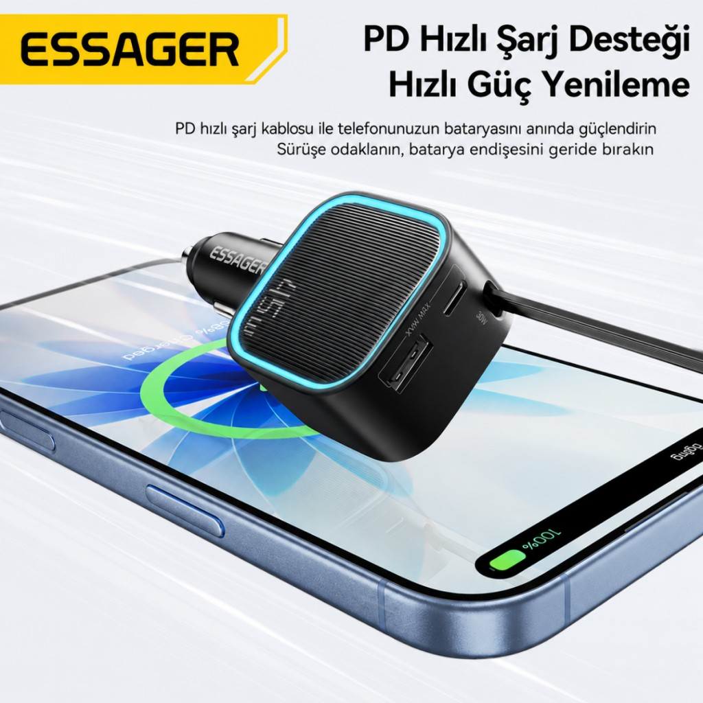 ESSAGER 45W Hızlı Şarj Araç Şarj Cihazı Type C 75cm Çekilebilir Kablo USB-C USB-A 3lü Çıkış 12V/24V