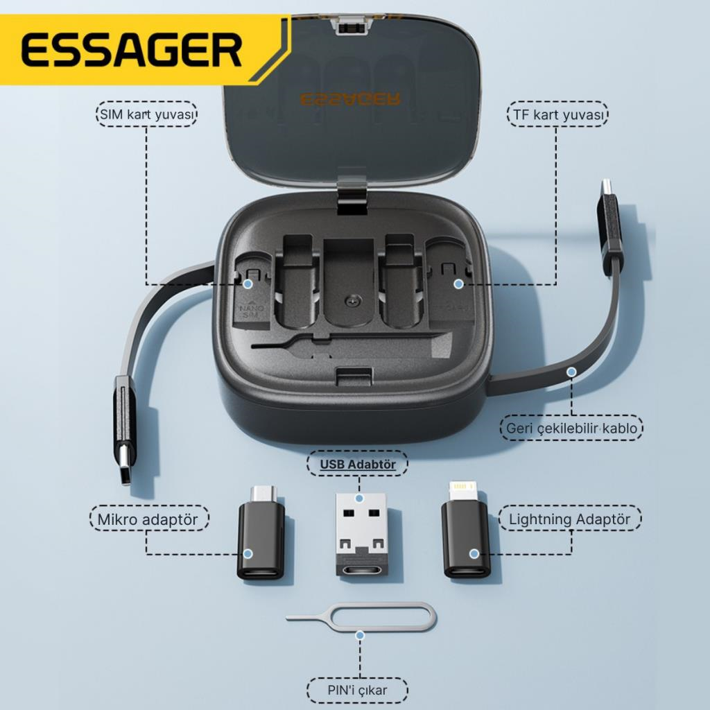Essager 7in1 60W Çekilebilir Type C, Micro, İphone Lightning Kablolu, Dönüştürücü, Sim Aparatlı Seyahat Seti