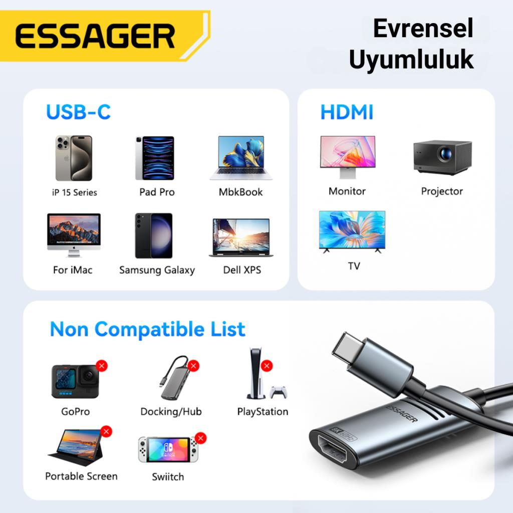 Essager 8K@60Hz Type C To HDMİ Çevirici Adaptör, Ses ve Görüntü Aktarıcı, Type C HDMİ Ekran Çoğaltıcı