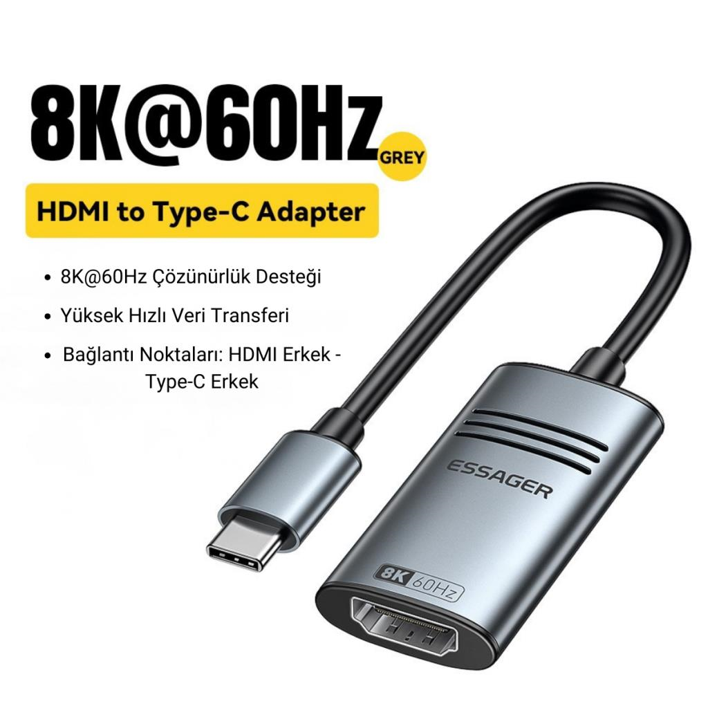 Essager 8K@60Hz Type C To HDMİ Çevirici Adaptör, Ses ve Görüntü Aktarıcı, Type C HDMİ Ekran Çoğaltıcı