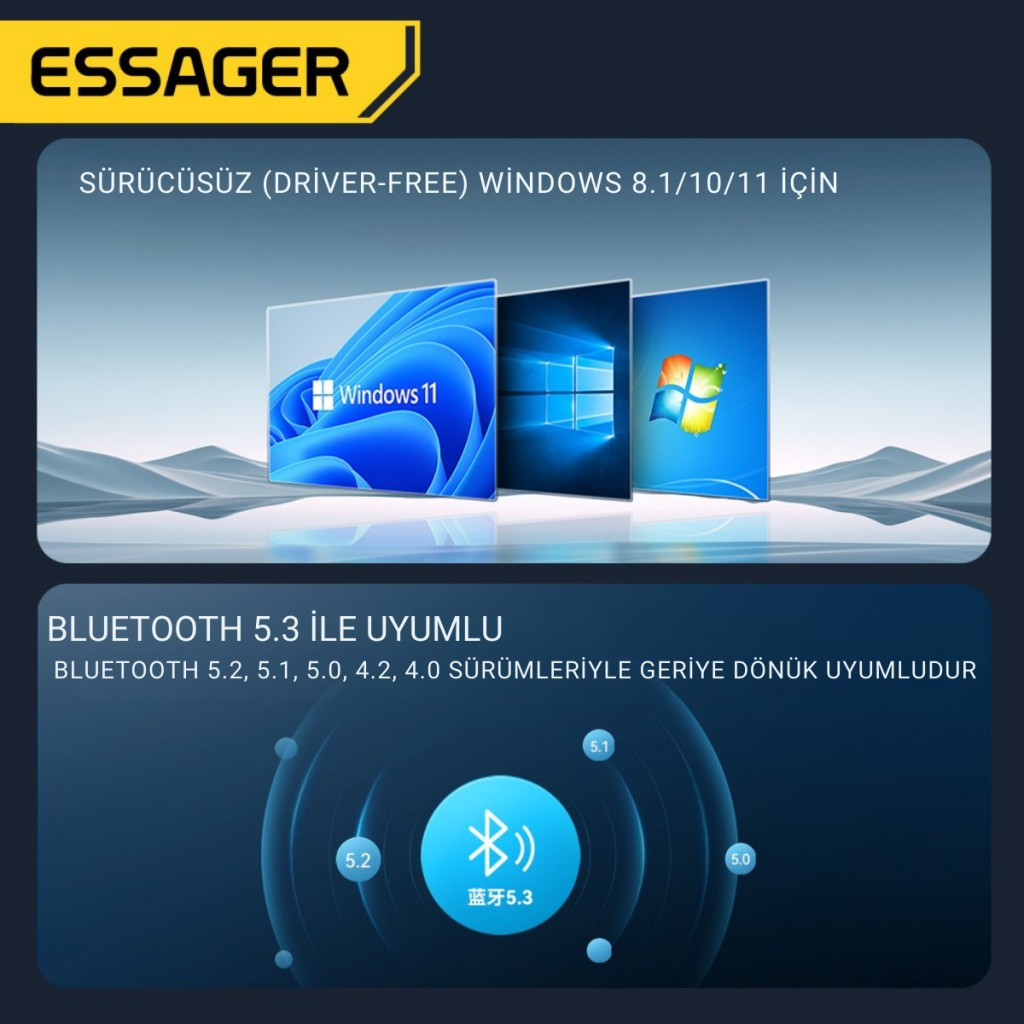 Essager Bluetooth 5.3 sürücüsüz tak-çalıştır Bluetooth Adaptörü, Tv, PC, Kulaklık, Ses Sitemi Uyumlu