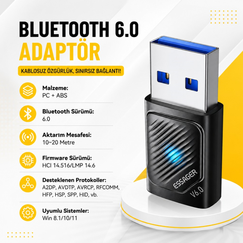 Essager Bluetooth 6.0 USB Adaptör – 20 Metre Menzil, 5 Cihaza Kadar Bağlantı, Tak Çalıştır, Windows Uyumlu