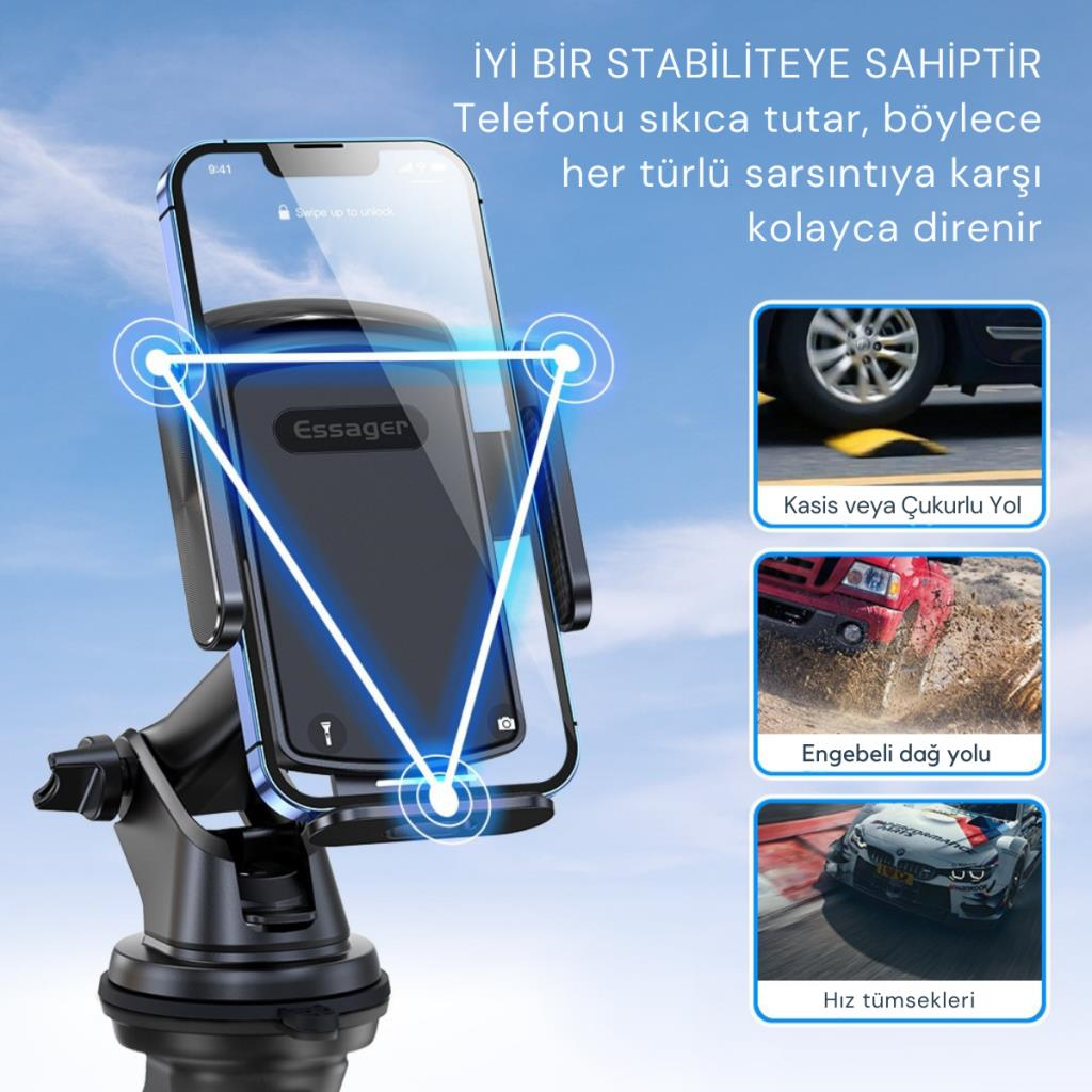 Essager Nano Vantuzlu Teleskopik Torpido Üstü Telefon Tutucu, V Tipi Düşmez Sarsılmaz Telefon Tutucu