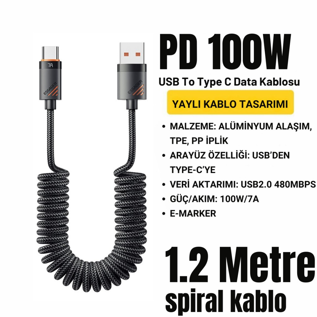 Essager PD 100W 7A USB to Type-C 1.2m Yaylı Spiral Data ve Hızlı Şarj Kablosu, Kopmaz, Karışmaz Kablo