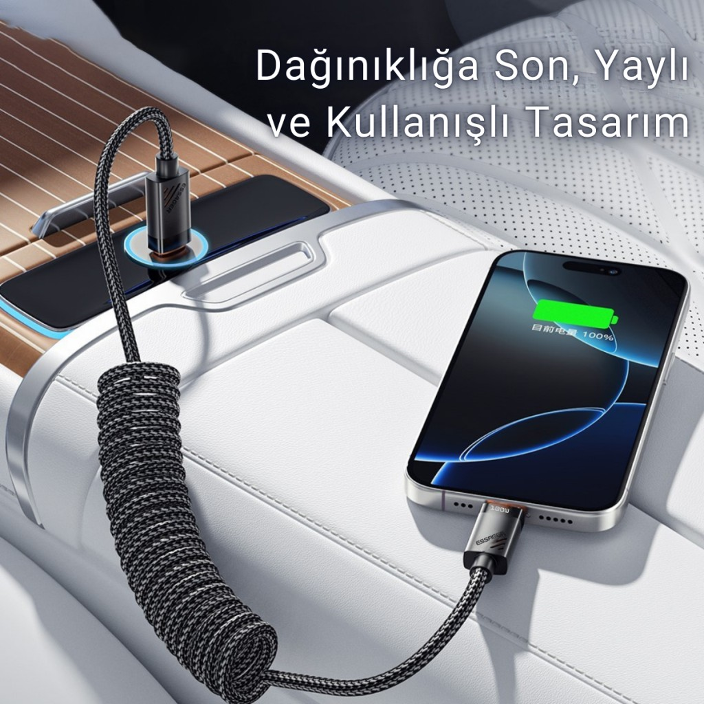 Essager PD 100W 7A USB to Type-C 1.2m Yaylı Spiral Data ve Hızlı Şarj Kablosu, Kopmaz, Karışmaz Kablo
