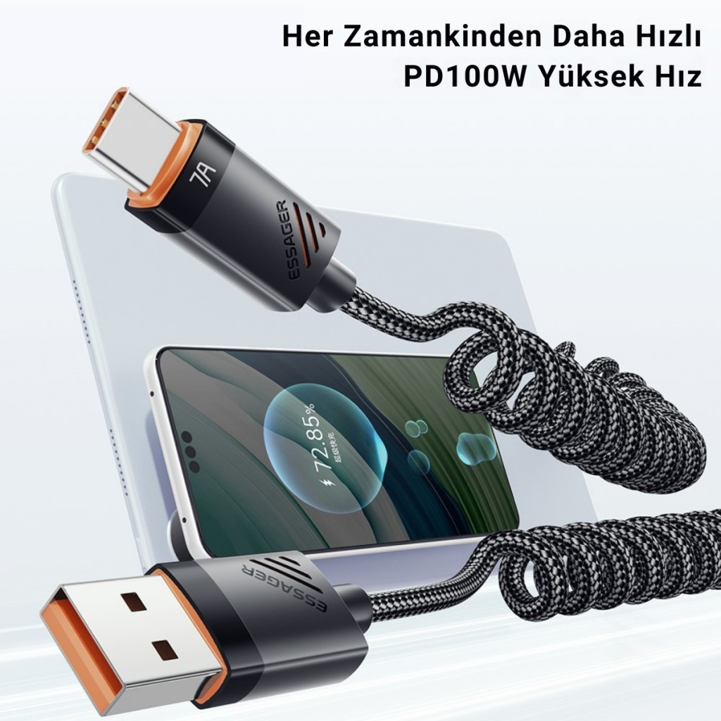 Essager PD 100W 7A USB to Type-C 1.2m Yaylı Spiral Data ve Hızlı Şarj Kablosu, Kopmaz, Karışmaz Kablo