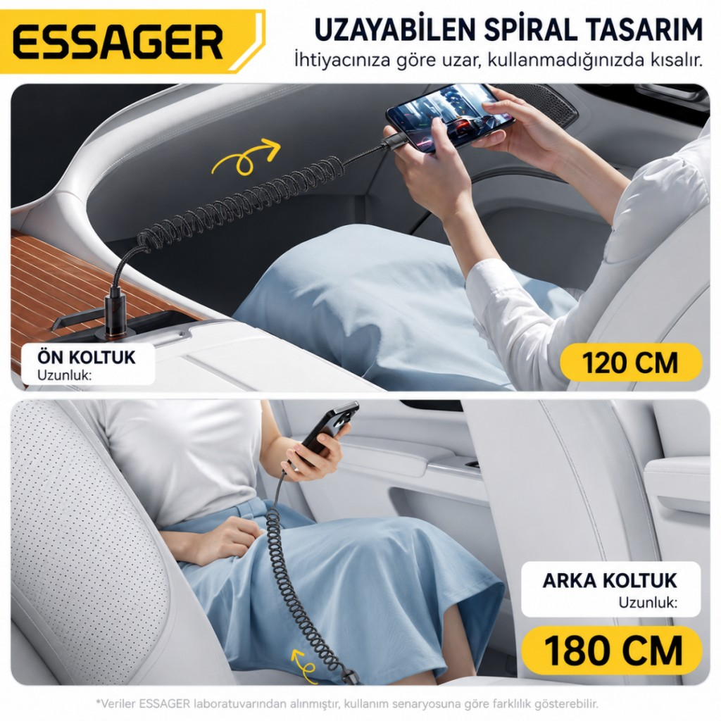 Essager PD29W 3A Type-C to Lightning Spiral Hızlı Şarj ve Data Kablosu l Örgülü Esnek Araç İçi iPhone Şarj Kablosu
