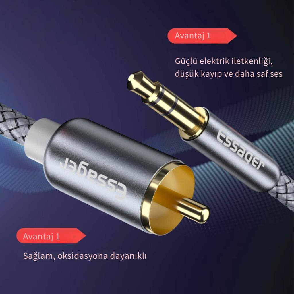 Essager Pro Series 1 Metre 3.5MM Jack to RCA Stereo Ses Sistemi Kablosu, Amfi, Hoparlör, TV Ses Sistemi Kablosu