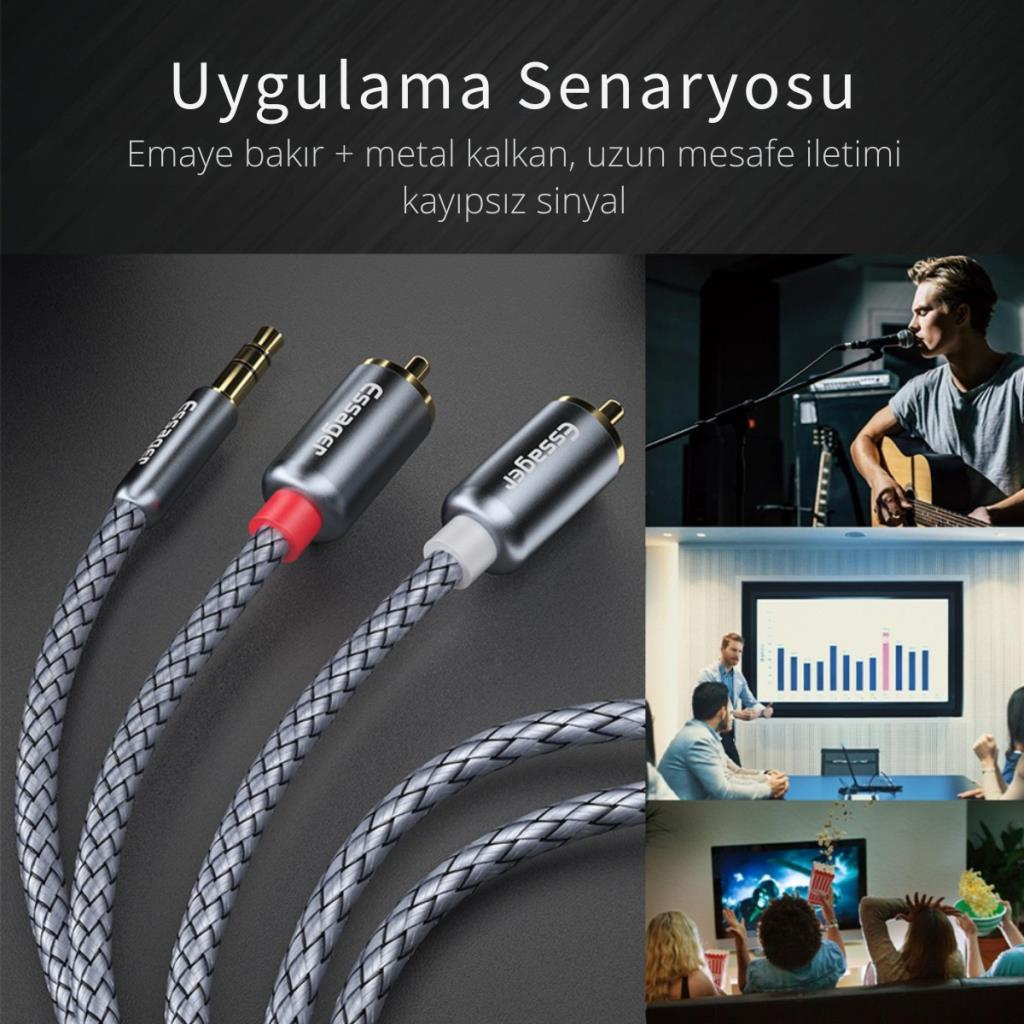 Essager Pro Series 1 Metre 3.5MM Jack to RCA Stereo Ses Sistemi Kablosu, Amfi, Hoparlör, TV Ses Sistemi Kablosu