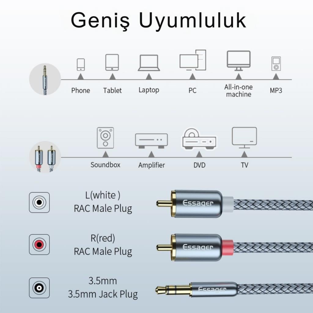 Essager Pro Series 3 Metre 3.5MM Jack to RCA Stereo Ses Sistemi Kablosu, Amfi, Hoparlör, TV Ses Sistemi Kablosu