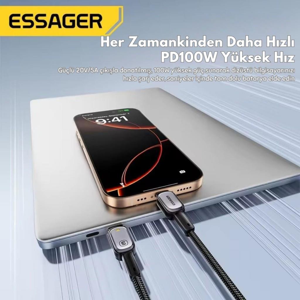 Essager Type-C to Type-C Kablo 2 Metre | PD 100W Hızlı Şarj ve Data Transfer, Akıllı Akım ve Pil Korumalı Kablo
