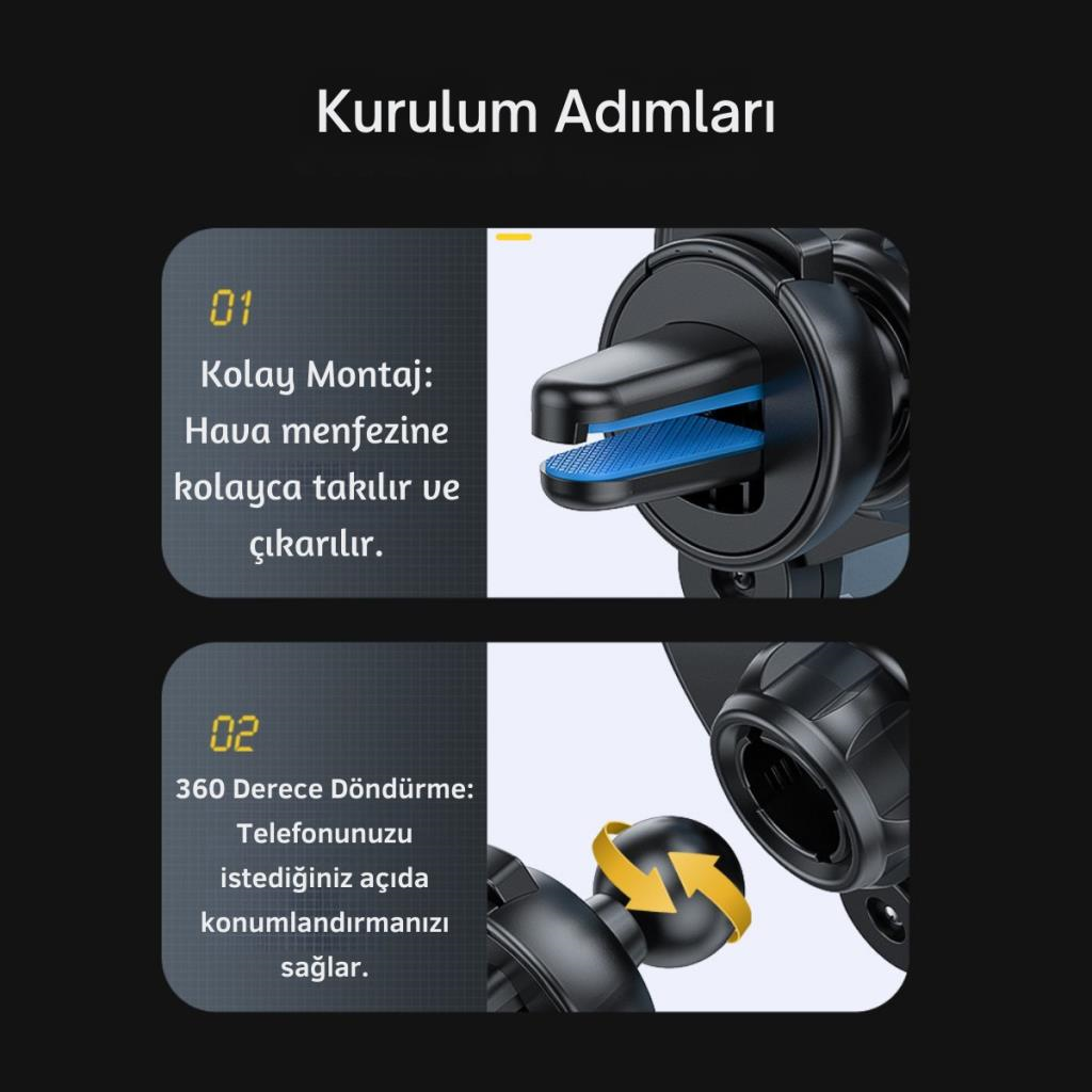 Essager V Tipi Süper Stabil Klipsli Araç İçi Telefon Tutucu, 360 Derece Dönebilen Düşmez Titremez Telefon Tutucu