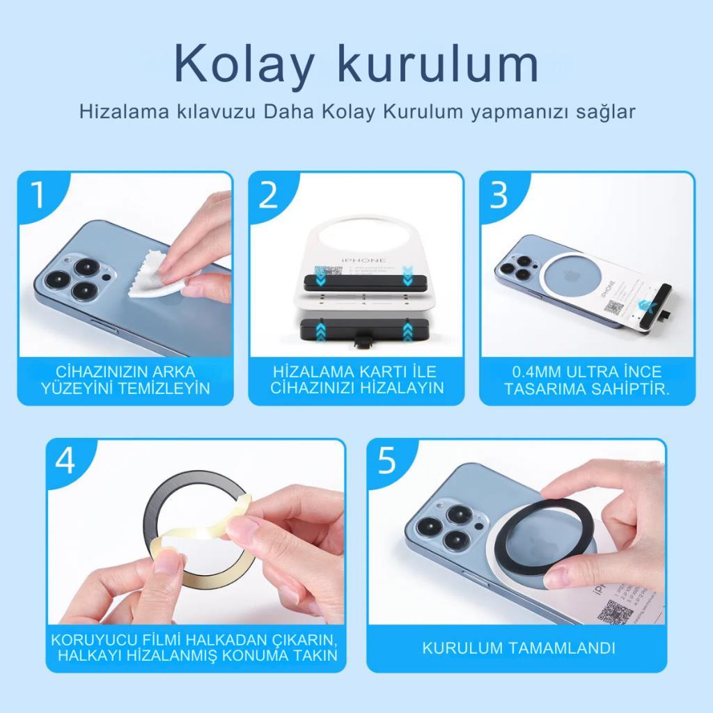 Polham 0.4mm 4 Adet Set Ultra İnce Yapışkanlı Mıknatıslı Metal Halka, 3M Hafif Tüm Telefonlara Uyumlu