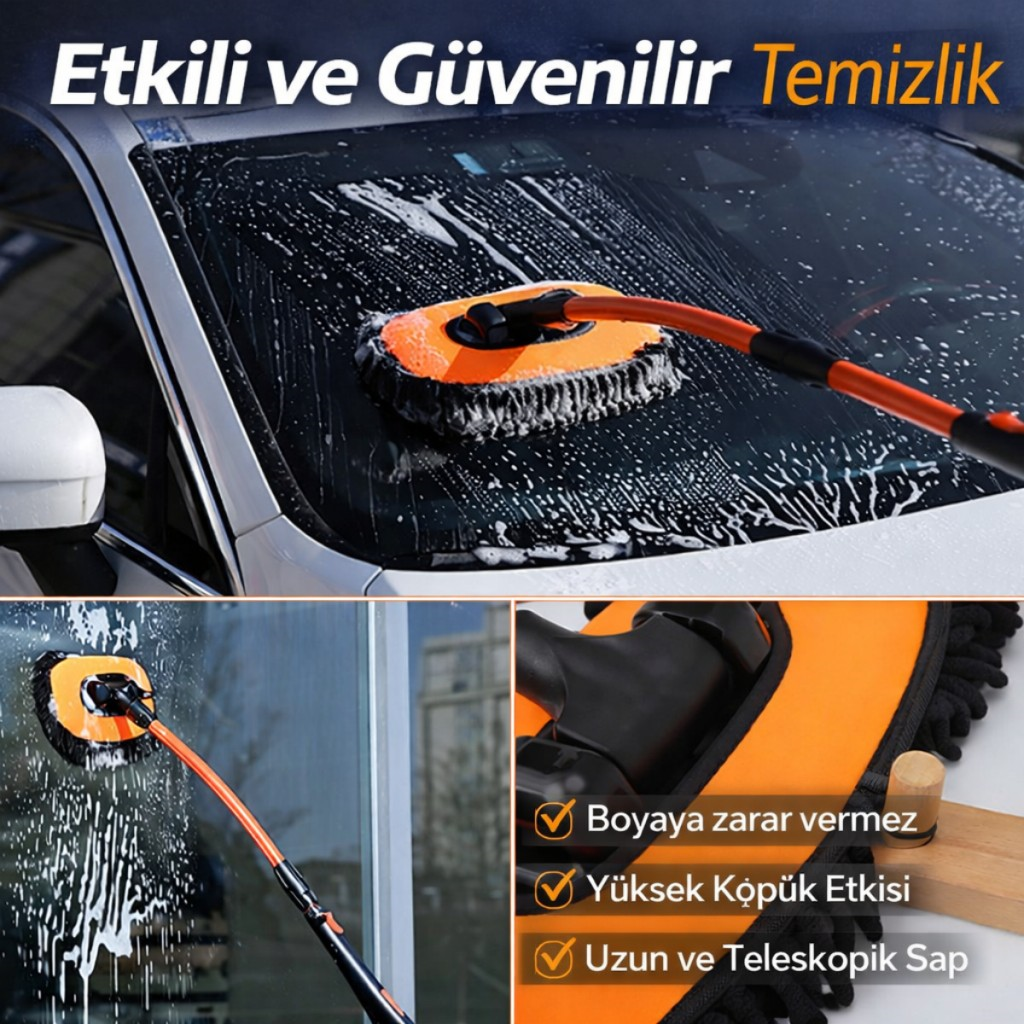 Polham 100CM Uzayabilen Teleskopik Saplı Kuru Islak Araç Temizleme Fırçası, İz ve Çizik Bırkaz Fırça, Yedek Bezli