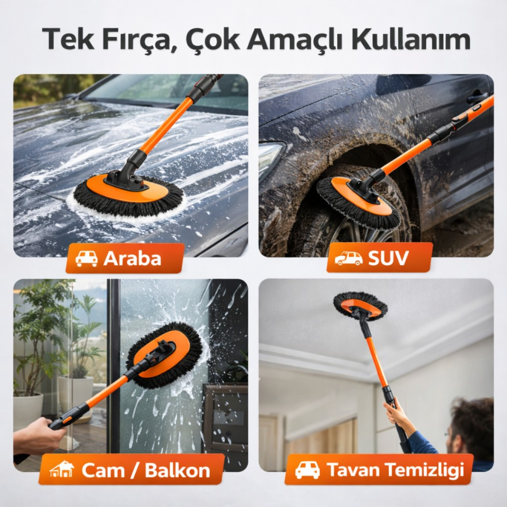 Polham 100CM Uzayabilen Teleskopik Saplı Kuru Islak Araç Temizleme Fırçası, İz ve Çizik Bırkaz Fırça, Yedek Bezli