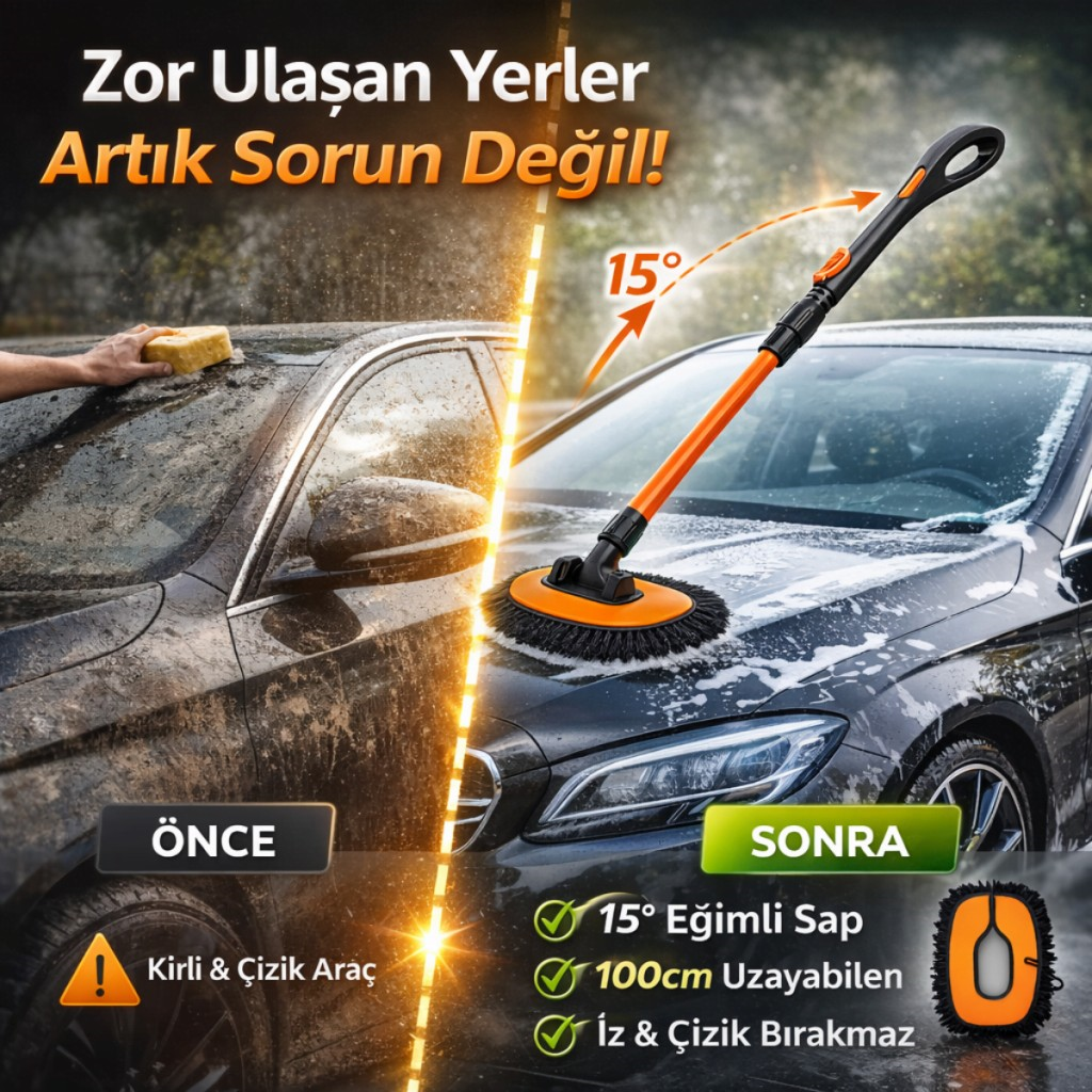 Polham 100CM Uzayabilen Teleskopik Saplı Kuru Islak Araç Temizleme Fırçası, İz ve Çizik Bırkaz Fırça, Yedek Bezli
