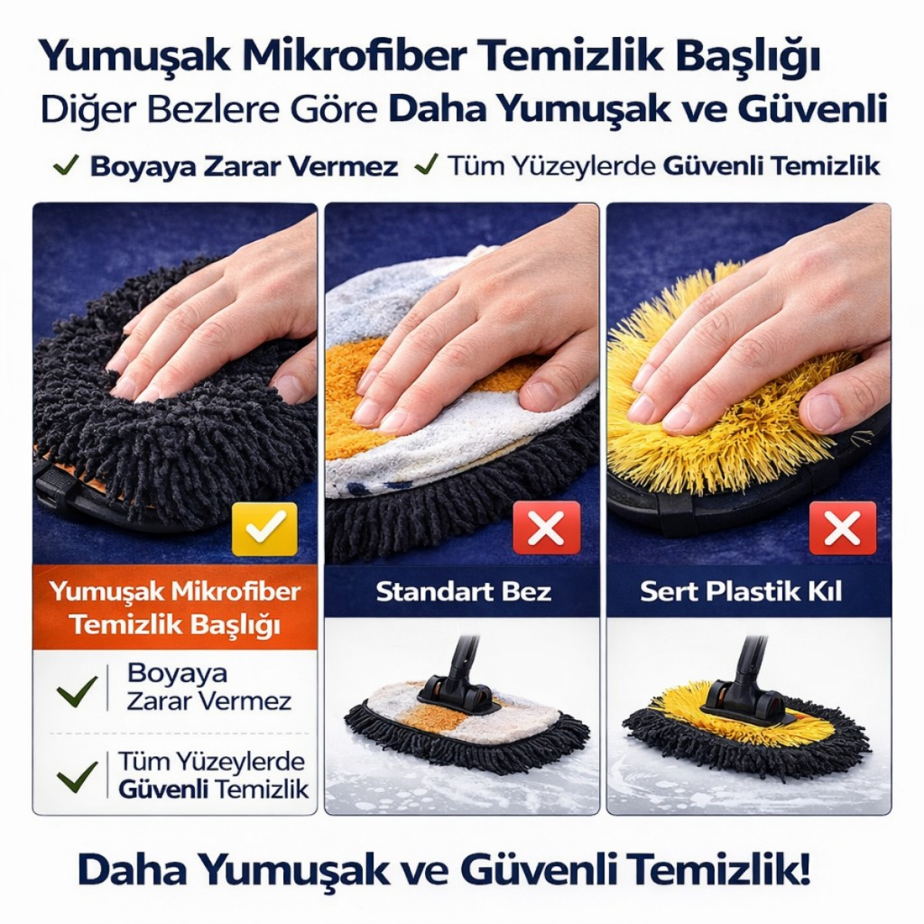 Polham 100CM Uzayabilen Teleskopik Saplı Kuru Islak Araç Temizleme Fırçası, İz ve Çizik Bırkaz Fırça, Yedek Bezli