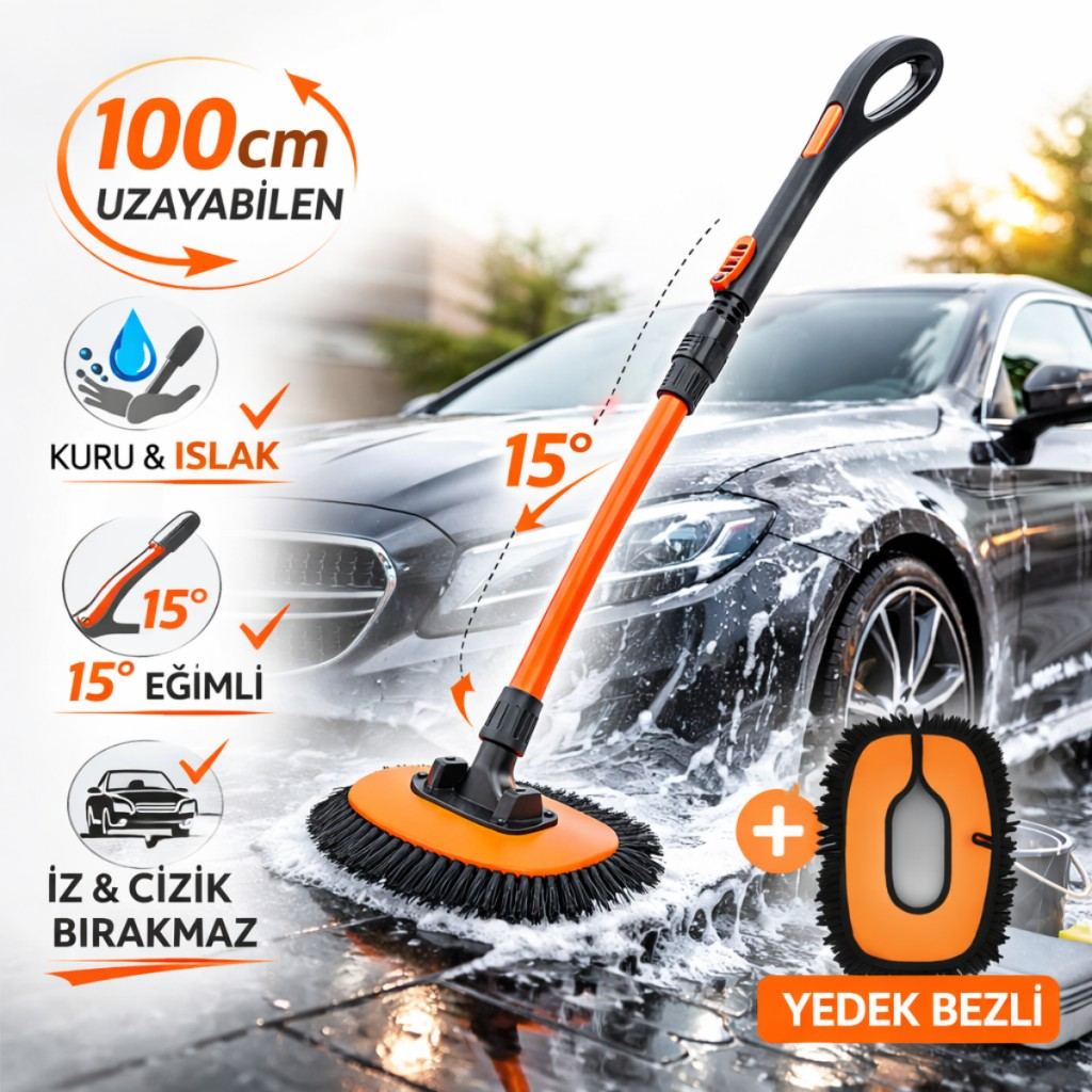 Polham 100CM Uzayabilen Teleskopik Saplı Kuru Islak Araç Temizleme Fırçası, İz ve Çizik Bırkaz Fırça, Yedek Bezli
