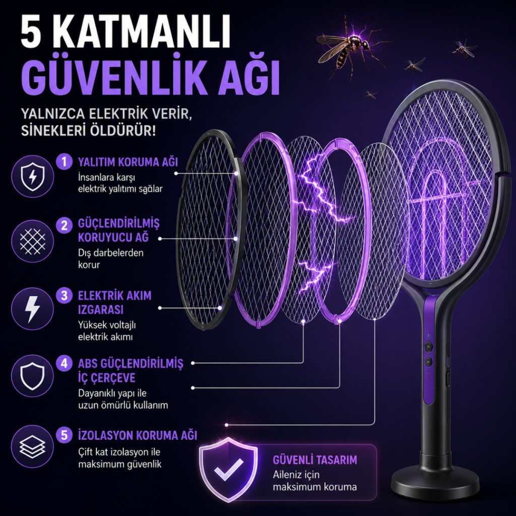 Polham 105 CM Uzatılabilir Elektrikli Sinek Öldürücü Raket, Şarjlı 2800V Yüksek Voltajlı, 360 Dönebilen Başlıklı Sinek Öldürücü